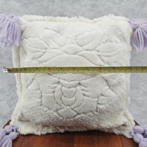 Terry Cloth Cotton Tasseled Cream Lavender throw‎ pillow 10x10" Boho - Picture 5 of 6